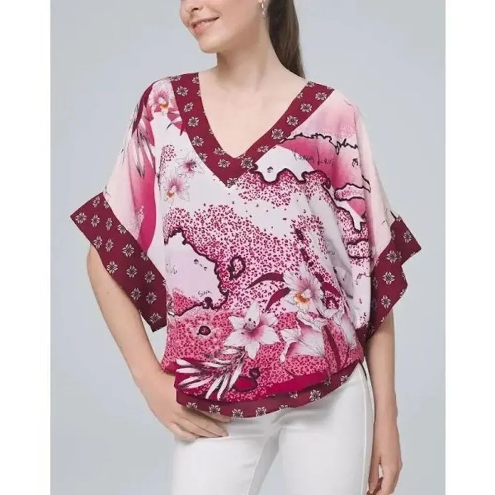 ✨White House Black Market Women's Tops Island Print Floral Kimono Sz S Blouse✨